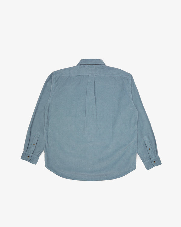 oversized long sleeve shirt with classic collar, single chest pocket, embroidered logo, 100% cotton corduroy fabrication with a vintage stone wash