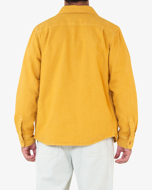 yellow regular long sleeve shirt with double chest pockets, woven label, 100% cotton heavy weight flannel fabrication, garment dyed with a heavy enzyme stonewash